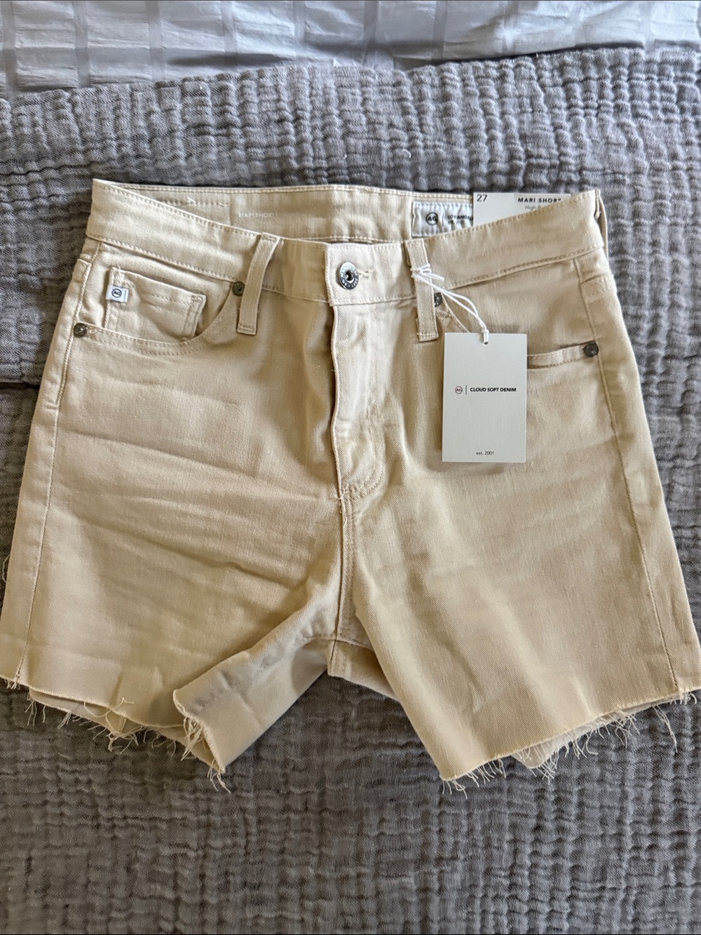 AG Adriano Goldschmied Beige High-Rise Raw Hem Denim Shorts